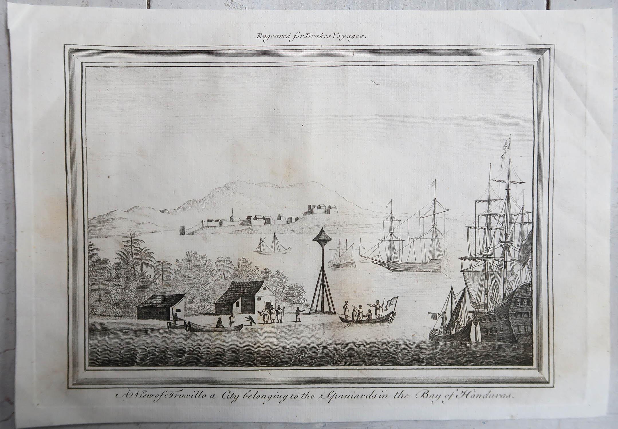 Georgian Original Antique Marine / Travel Print. Ships Off Honduras Bay. C.1780 