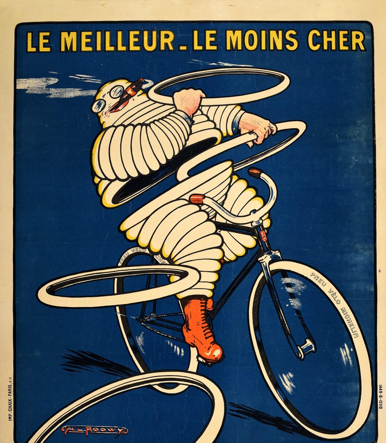 Original antique advertising poster for Pneu Vélo Michelin bike tires featuring an iconic illustration of the Bibendum / Michelin Man character made out of white tyres, riding a bike at speed and smoking a cigar as he frisbees tyres towards the