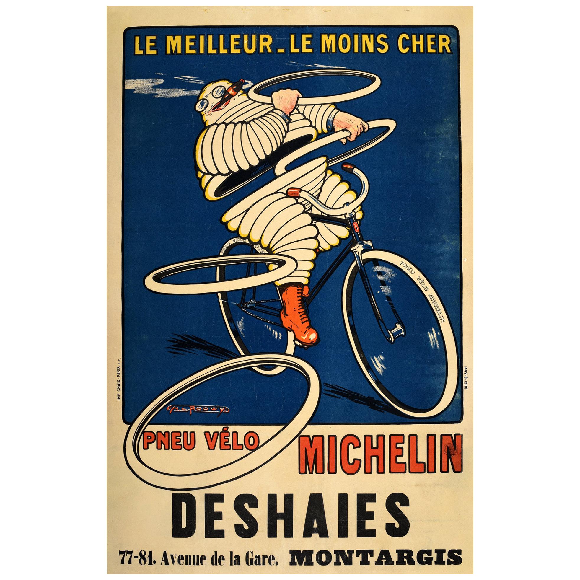Original Antique Michelin Poster Pneu Velo Michelin Man Bibendum Bicycle Tires