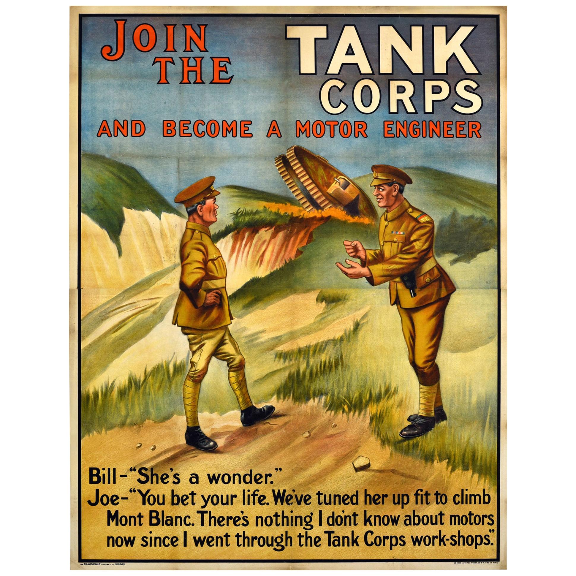 Original Antique Military Recruitment Poster Join The Tank Corps Motor Engineer