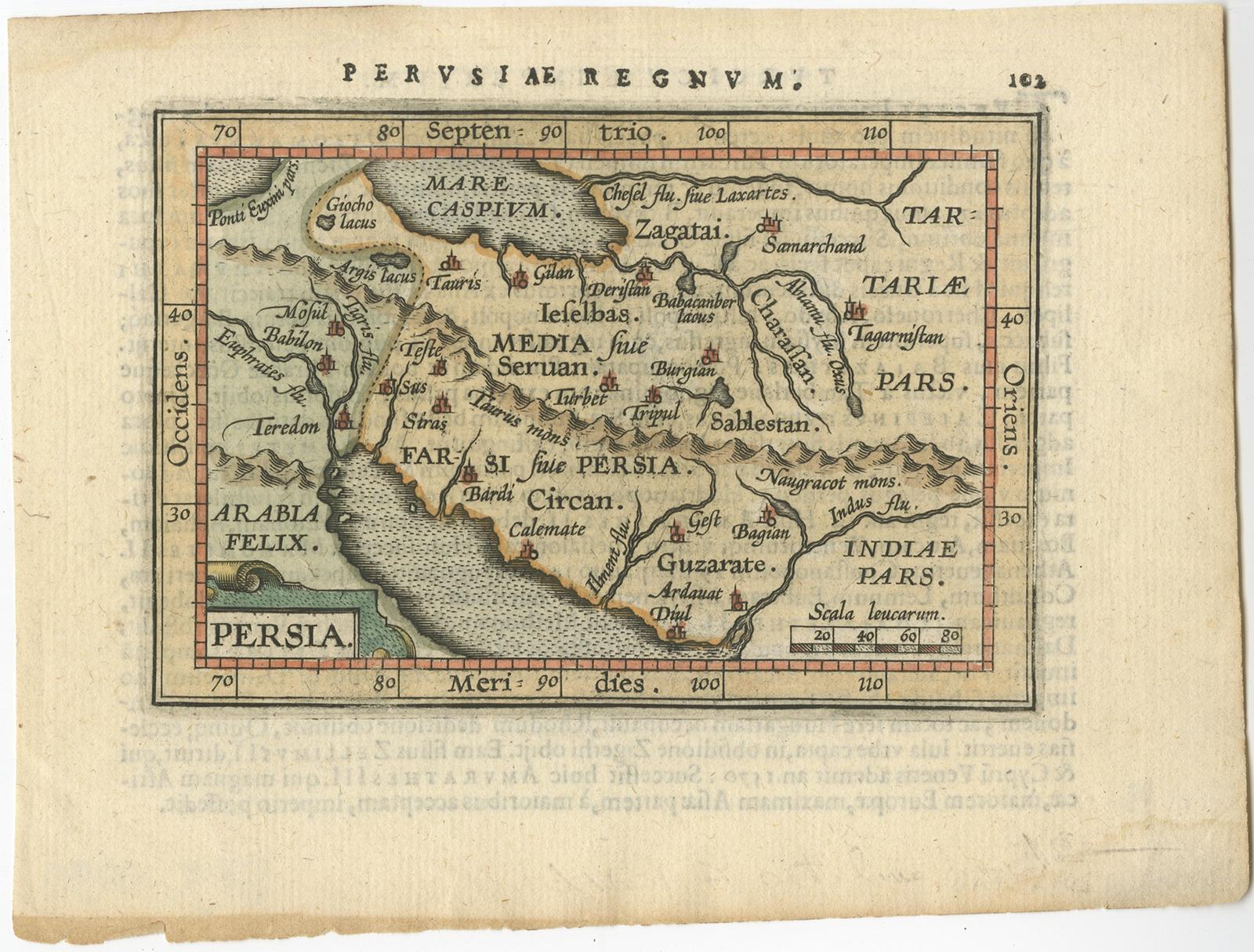 Antique miniature map titled 'Persia'. Small map of Persia published in the Epitome, or pocket-edition of the 