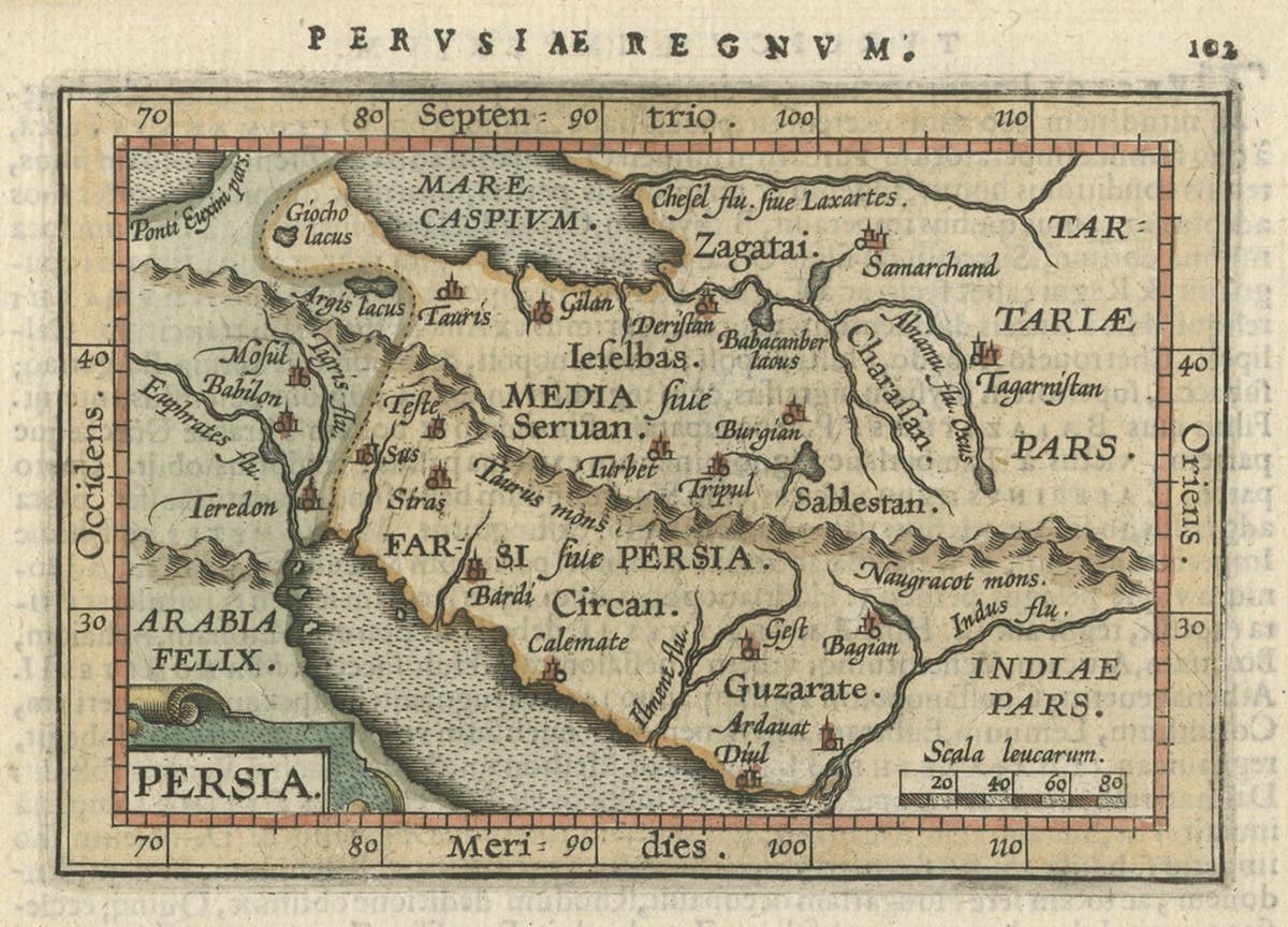 Original Antique Miniature Map of Persia, Published, ca.1601