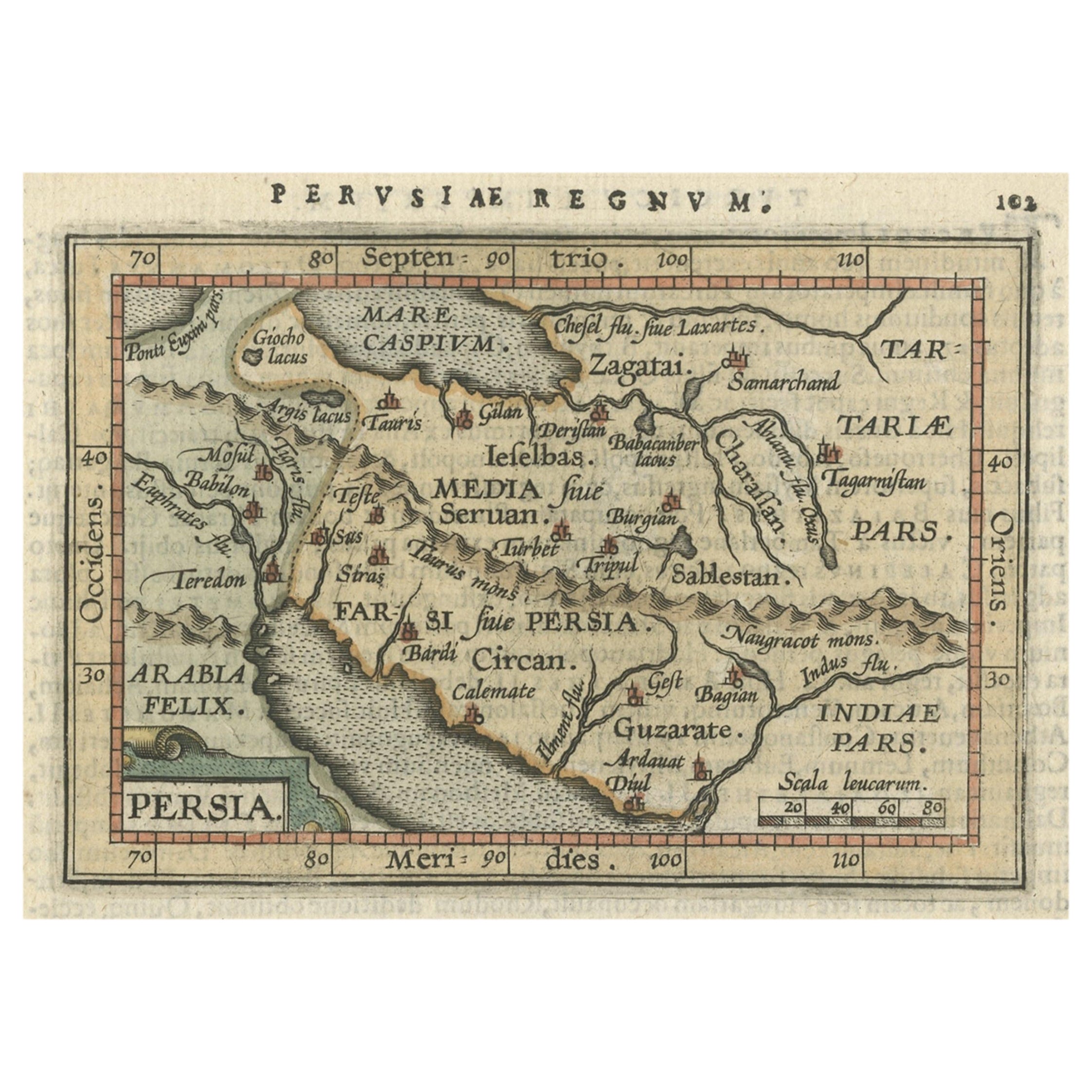 Mapa original antiguo en miniatura de Persia, publicado hacia 1601