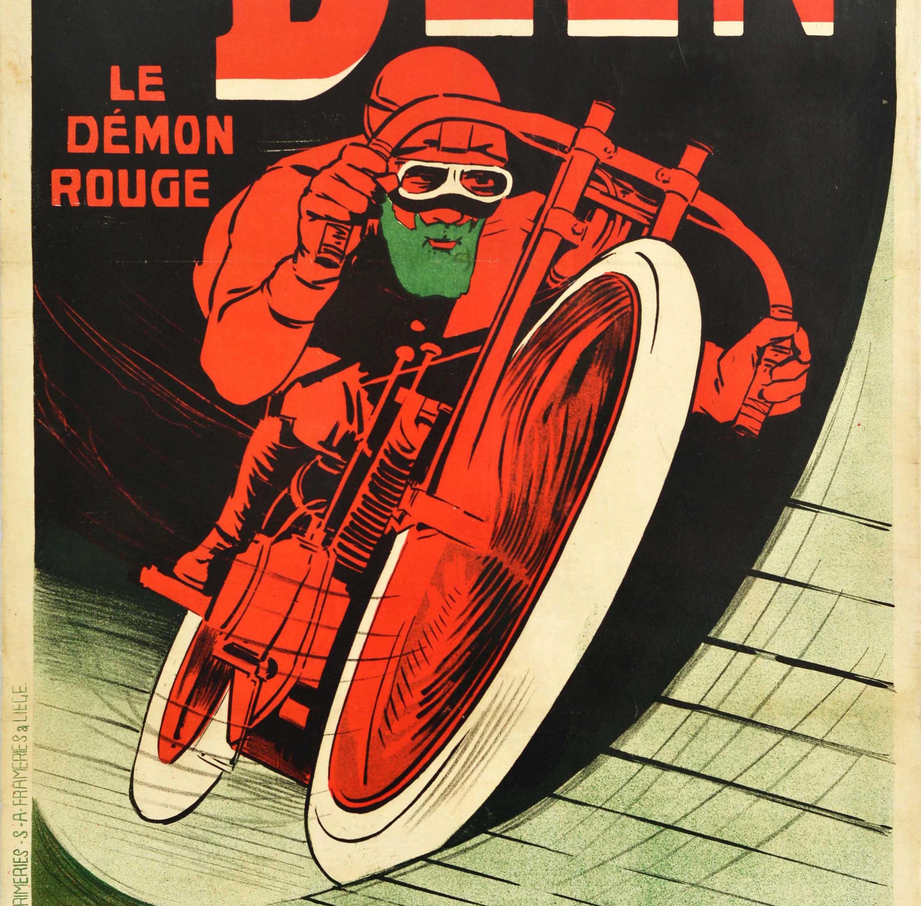 Belgian Original Antique Motorsport Circus Poster Deen Le Demon Rouge Red Devil Design