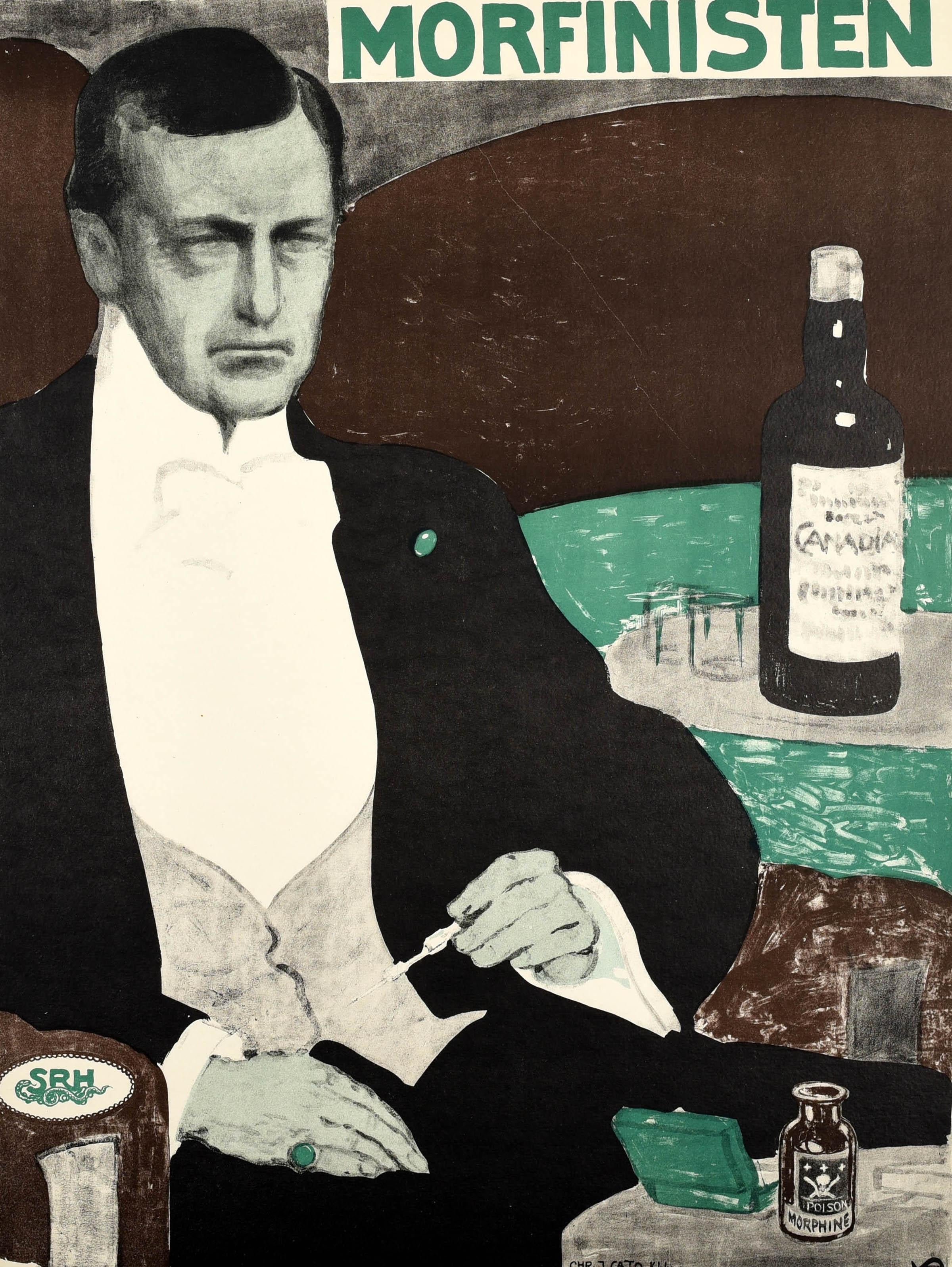 Originales antikes Filmplakat für den Kurzfilm The Morphine Takers / Morfinisten aus dem Jahr 1911 unter der Regie von Louis von Kohl und mit Lili Beck, Alfred Cohn und Vera Fjelstrup in den Hauptrollen. Es zeigt einen gut gekleideten,