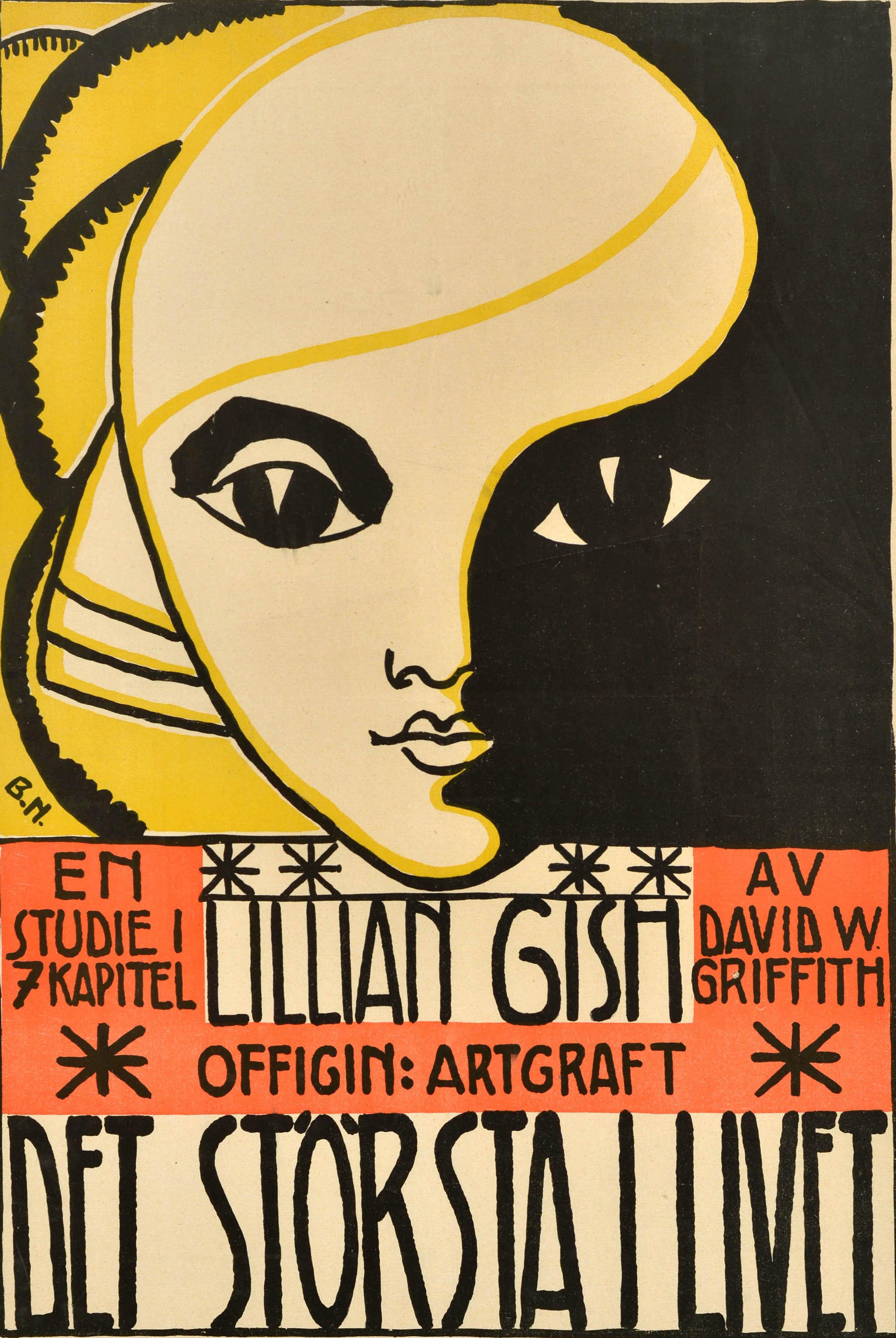 Original antique movie poster for the Swedish release of a now lost romantic drama, the 1918 American silent film about World War One - The Greatest Thing in Life / Det Storsta I Livet - directed by D. W. Griffith and starring Lillian Gish in the