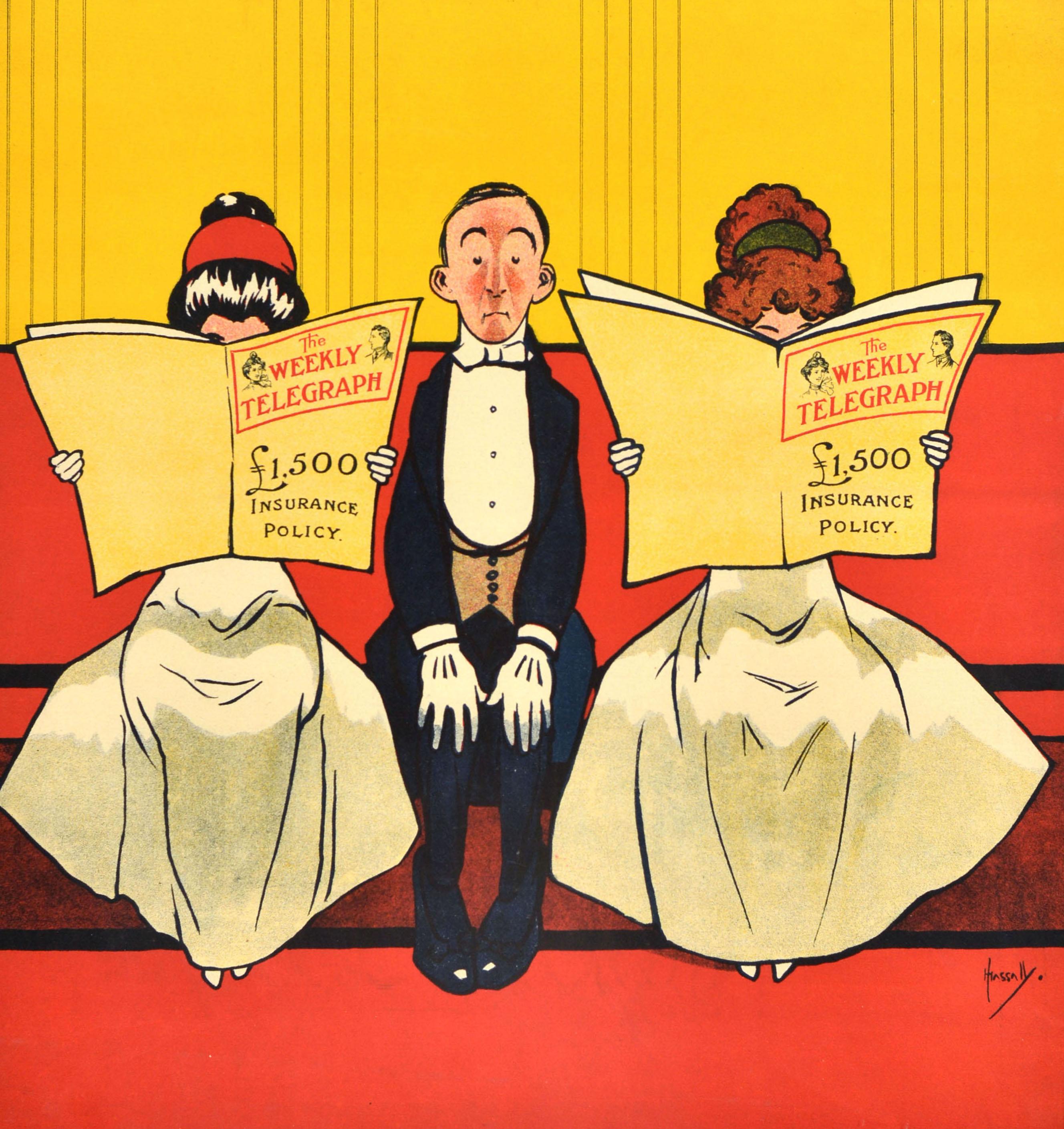 Original antique newspaper advertising poster - The Weekly Telegraph - featuring a fun and colourful illustration by the notable artist John Hassall (1868-1948) of a gentleman in a smart suit and white gloves sitting between two ladies in white