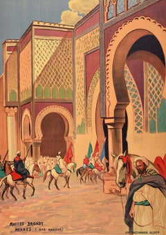 Original Antique North Africa Travel Poster Meknes Morocco Bab Mansour Brondy