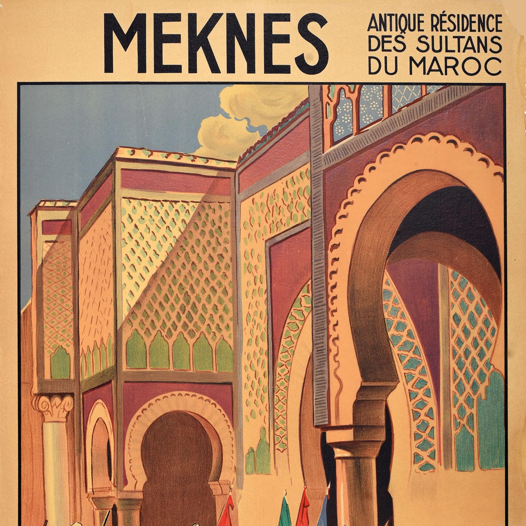Algerian Original Antique North Africa Travel Poster Meknes Morocco Bab Mansour Brondy For Sale