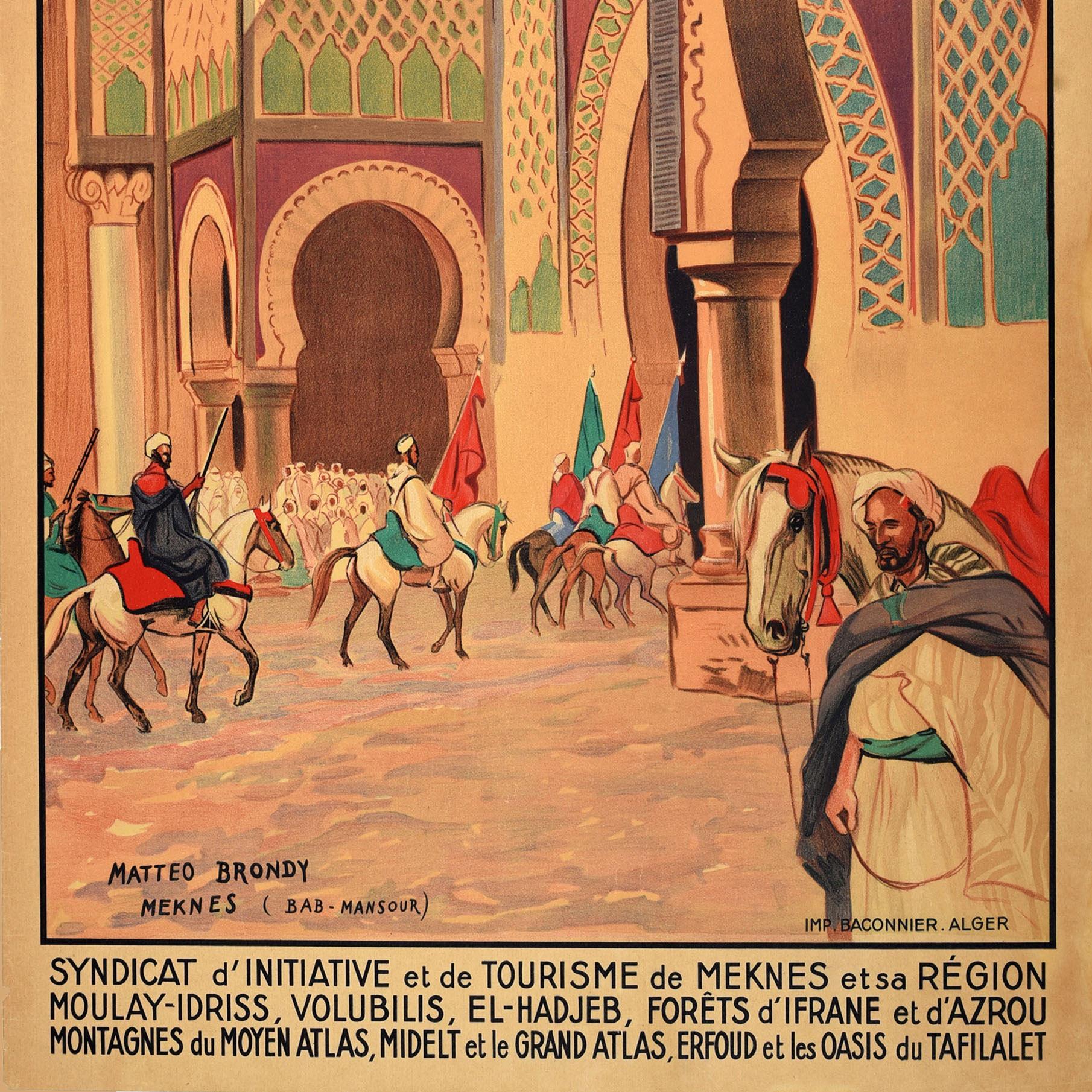 Original Antique North Africa Travel Poster Meknes Morocco Bab Mansour Brondy In Good Condition For Sale In London, GB