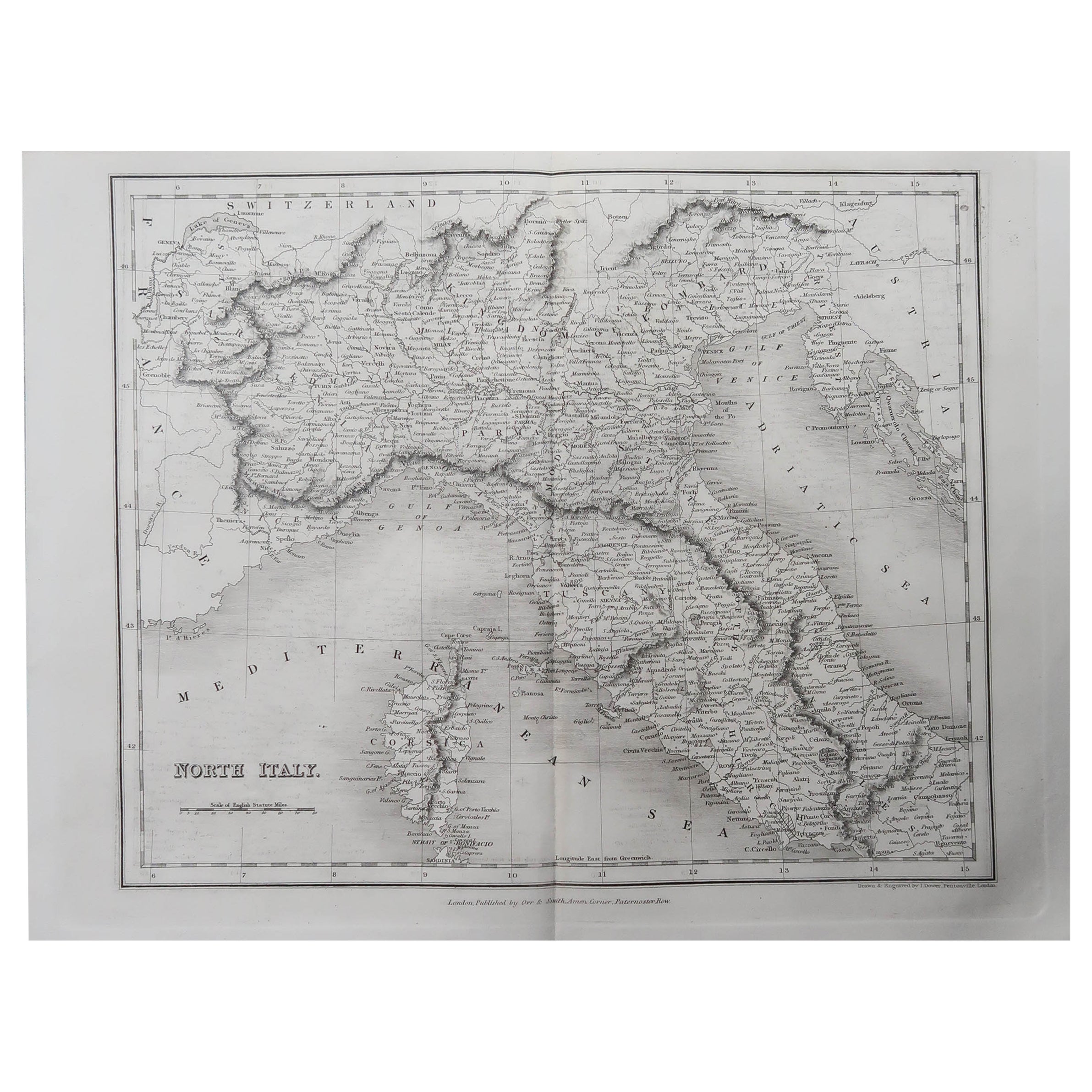 Original Antique Map of North Italy By J.Dower. Unframed, Circa 1835 For Sale