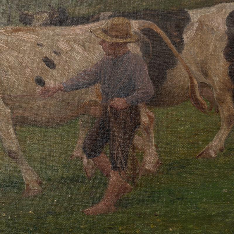 Original Antique Oil on Canvas Painting of Boy and Cows by Lake, Signed Poul In Good Condition For Sale In Round Top, TX