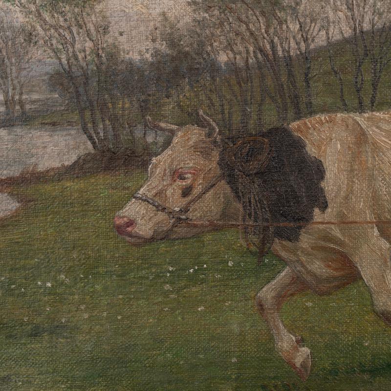 20th Century Original Antique Oil on Canvas Painting of Boy and Cows by Lake, Signed Poul For Sale