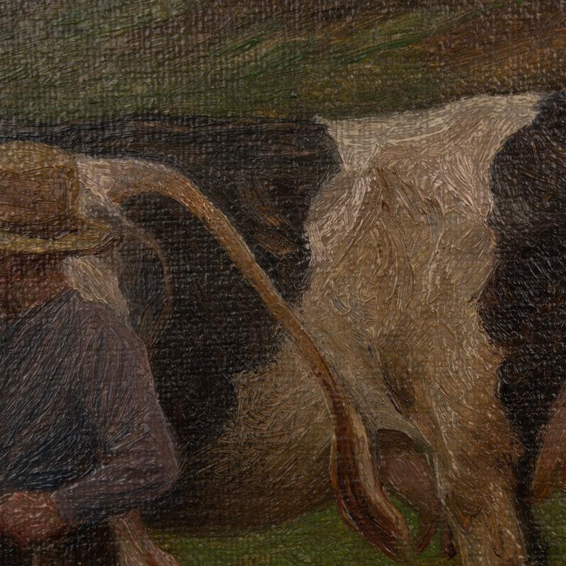 Original Antikes Gemälde, Öl auf Leinwand, Junge und Kühe am See, signiert Poul (Dänisch) im Angebot