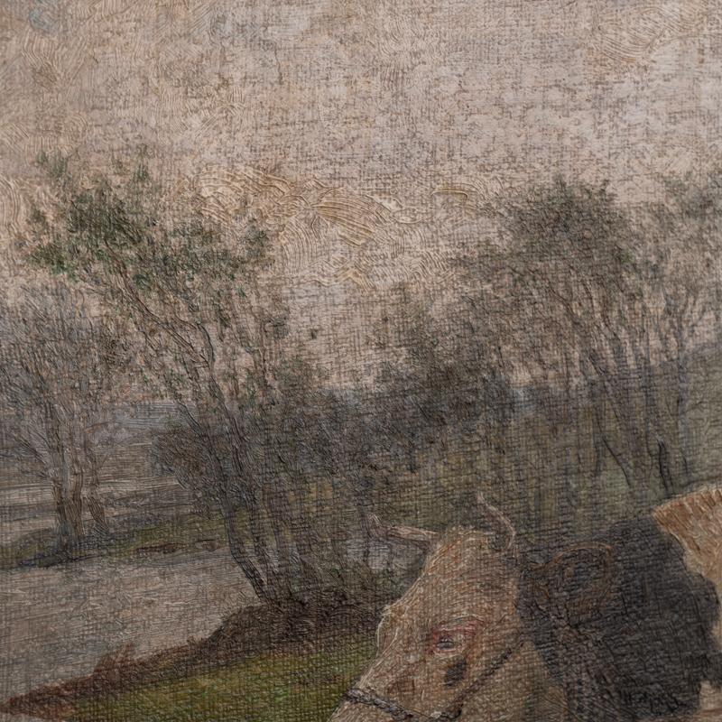 Original Antikes Gemälde, Öl auf Leinwand, Junge und Kühe am See, signiert Poul im Zustand „Gut“ im Angebot in Round Top, TX