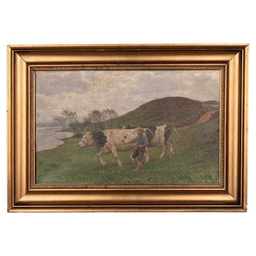 Original Antique Oil on Canvas Painting of Boy and Cows by Lake, Signed Poul For Sale