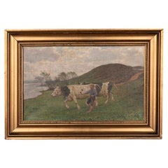 Original Vintage Oil on Canvas Painting of Boy and Cows by Lake, Signed Poul