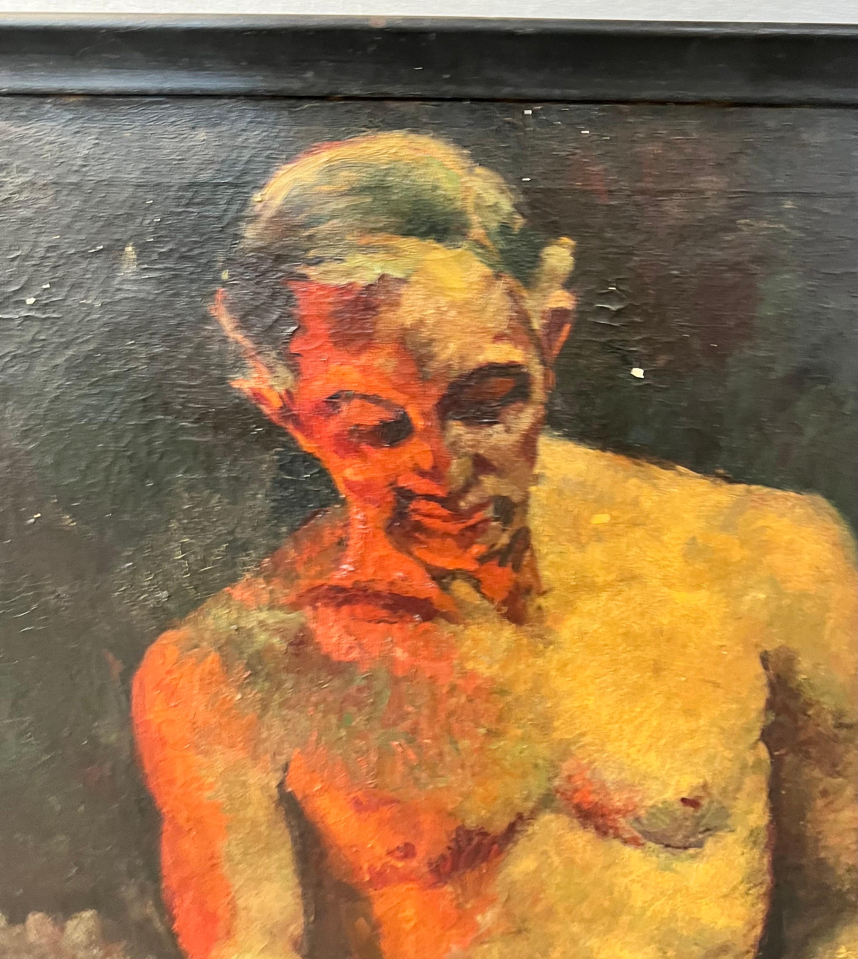 Circa 1927 signed and dated oil on canvas by the artist Wilson. All original.
See pics for further provenance. Medium is oil on canvas. Scene depicts what looks to be a blacksmith or the like.
  