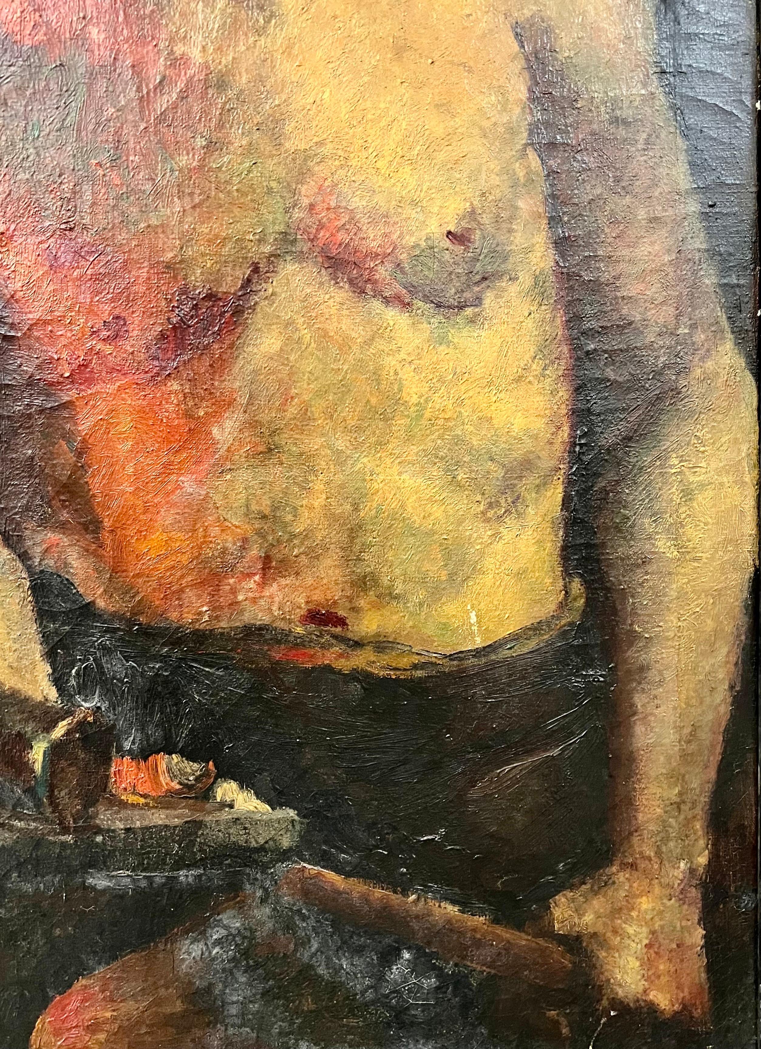 Original Antique Oil Painting of Nearly Nude Male Blacksmith, Signed Wilson In Good Condition In West Hartford, CT