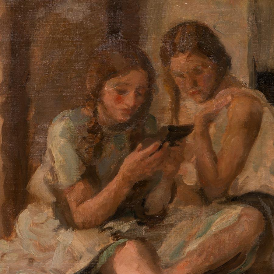 This endearing painting captures a simple yet intimate moment between three young girls, possibly sisters. The girl on the viewer's left appears to be reading from a small book or even diary to the others, as the other two move closer to hear