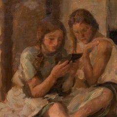 Original Antique Oil Painting of Three Young Girls Reading by Jul Paulsen