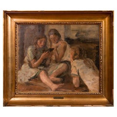 Original Antique Oil Painting of Three Young Girls Reading by Jul Paulsen