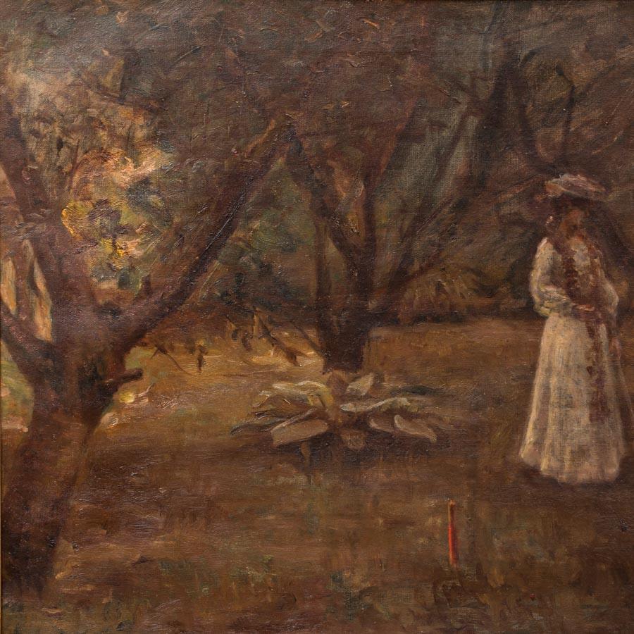 Danish Original Antique Oil Painting of Victorian Woman Playing Croquet