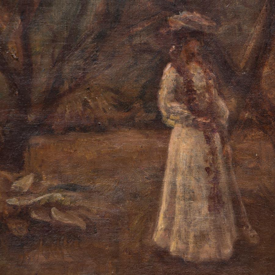 Original Antique Oil Painting of Victorian Woman Playing Croquet In Good Condition In Round Top, TX