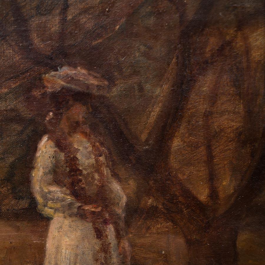 19th Century Original Antique Oil Painting of Victorian Woman Playing Croquet