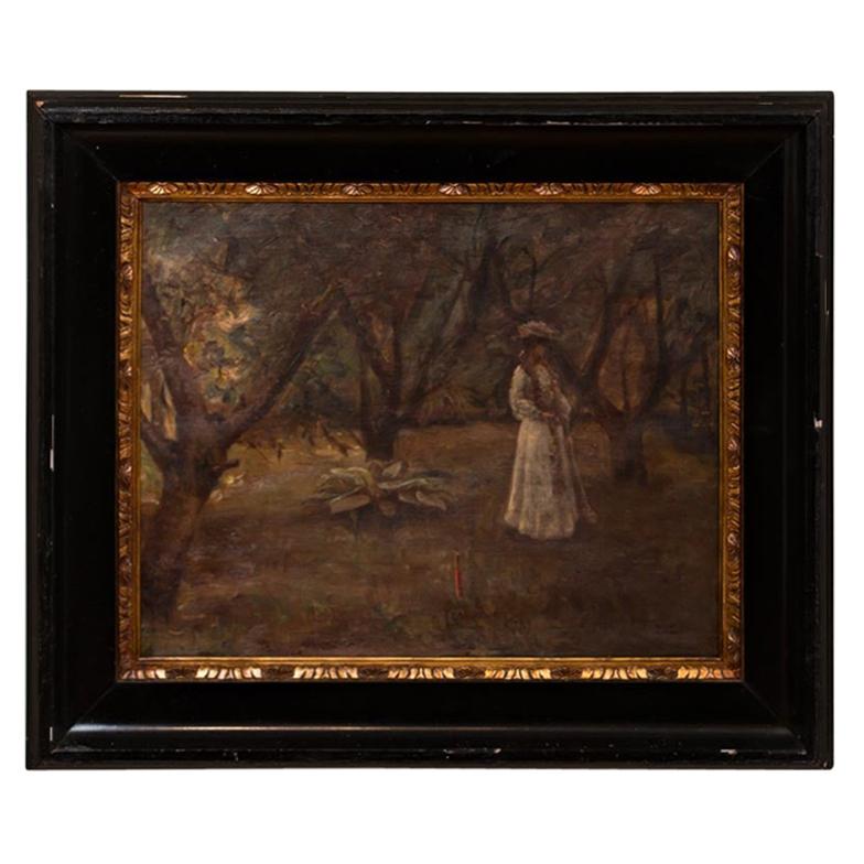 Original Antique Oil Painting of Victorian Woman Playing Croquet