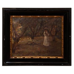 Peinture à l'huile originale et ancienne d'une femme victorienne jouant du croquet