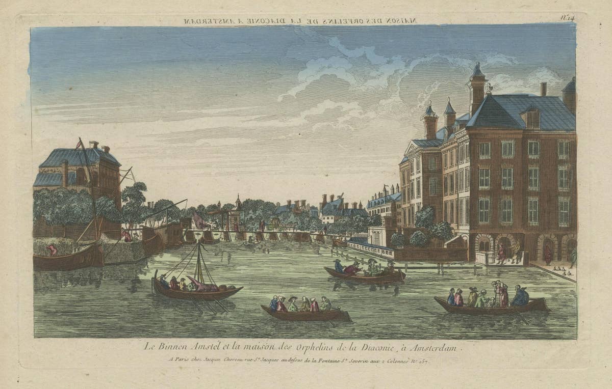 Original Antique Optica Engraving of the Amstel Area in Amsterdam, Holland
