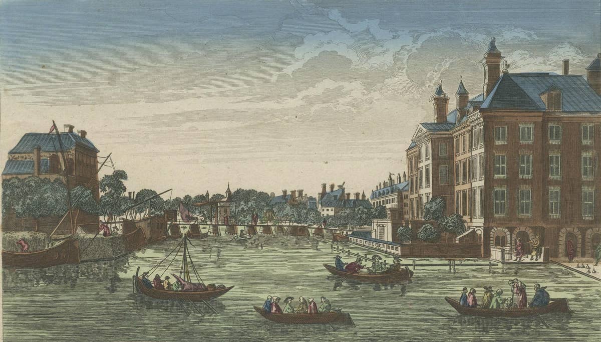 Original Antique Optica Engraving of the Amstel Area in Amsterdam, Holland