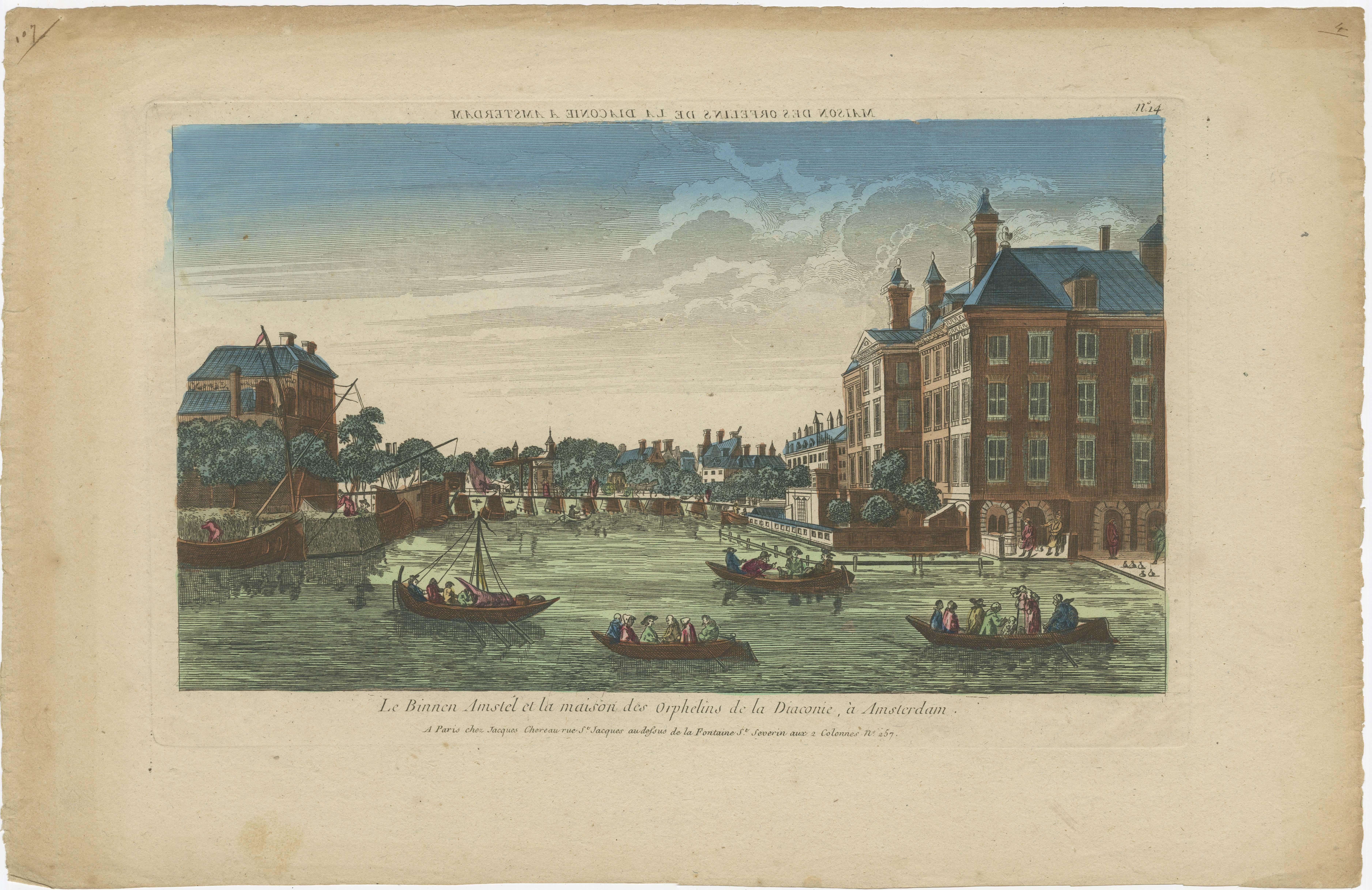 18th Century Original Antique Optica Engraving of the Amstel Area in Amsterdam, Holland For Sale