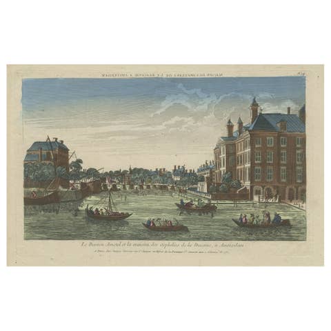 Original Antique Optica Engraving of the Amstel Area in Amsterdam, Holland