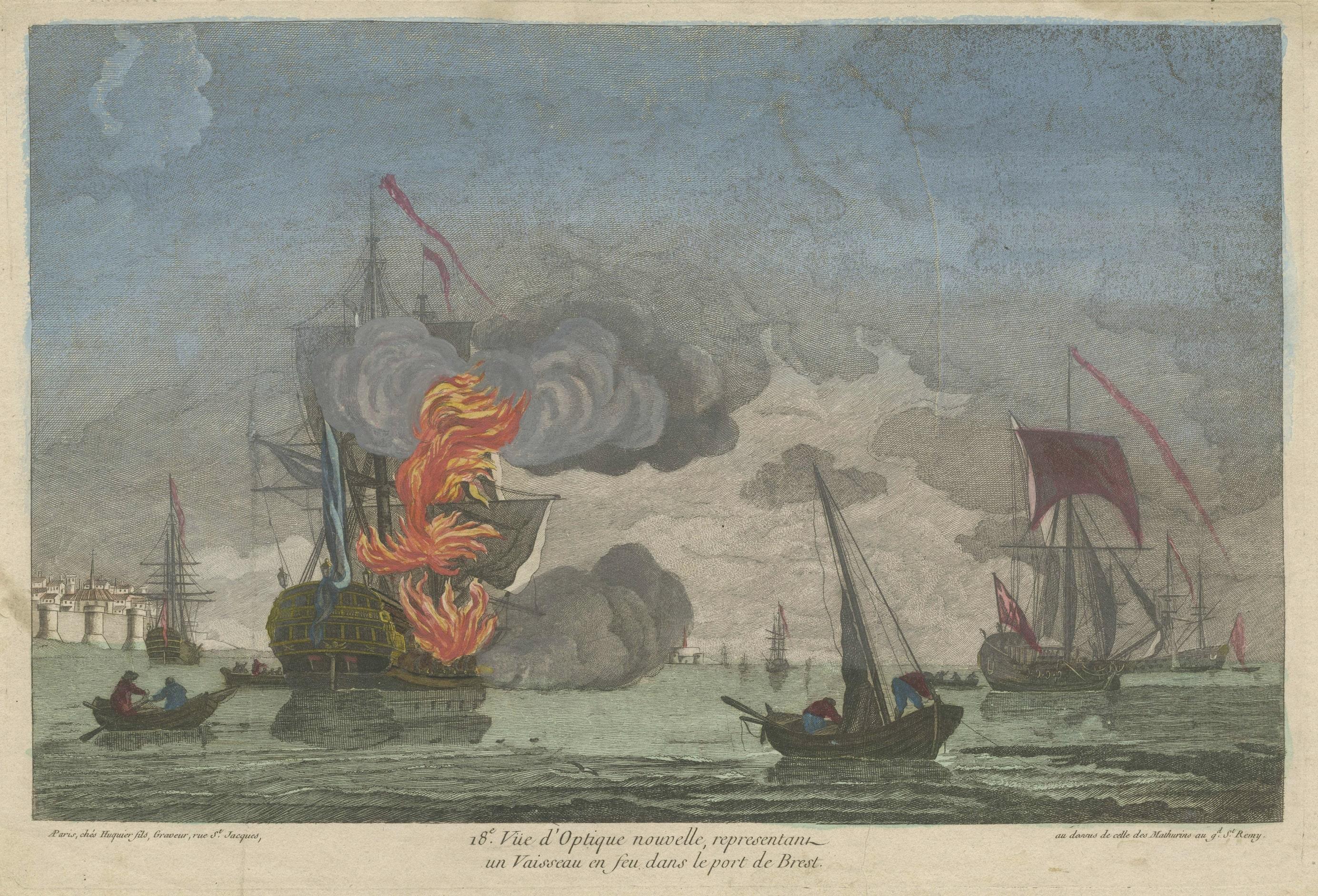 Gravure ancienne intitulée 'Vue d'Optique, nouvelle, representant un Vaisseau en feu dans le port de Brest'. Épreuve optique d'un navire en feu dans le port de Brest, France. Il s'agit d'un tirage optique, également appelé 