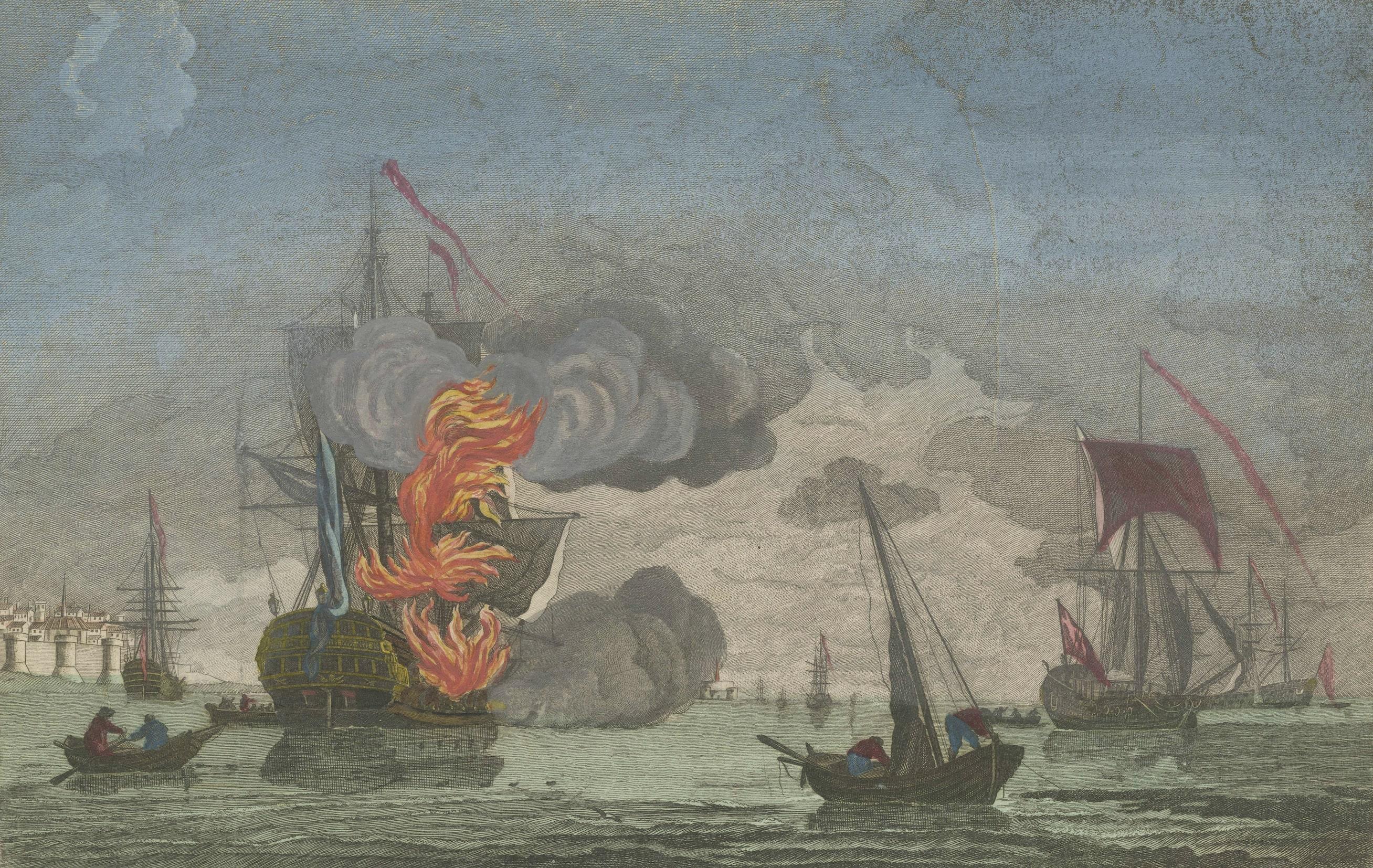 Impression Optica originale d'un navire en feu dans le port français de Brest Bon état - En vente à Langweer, NL