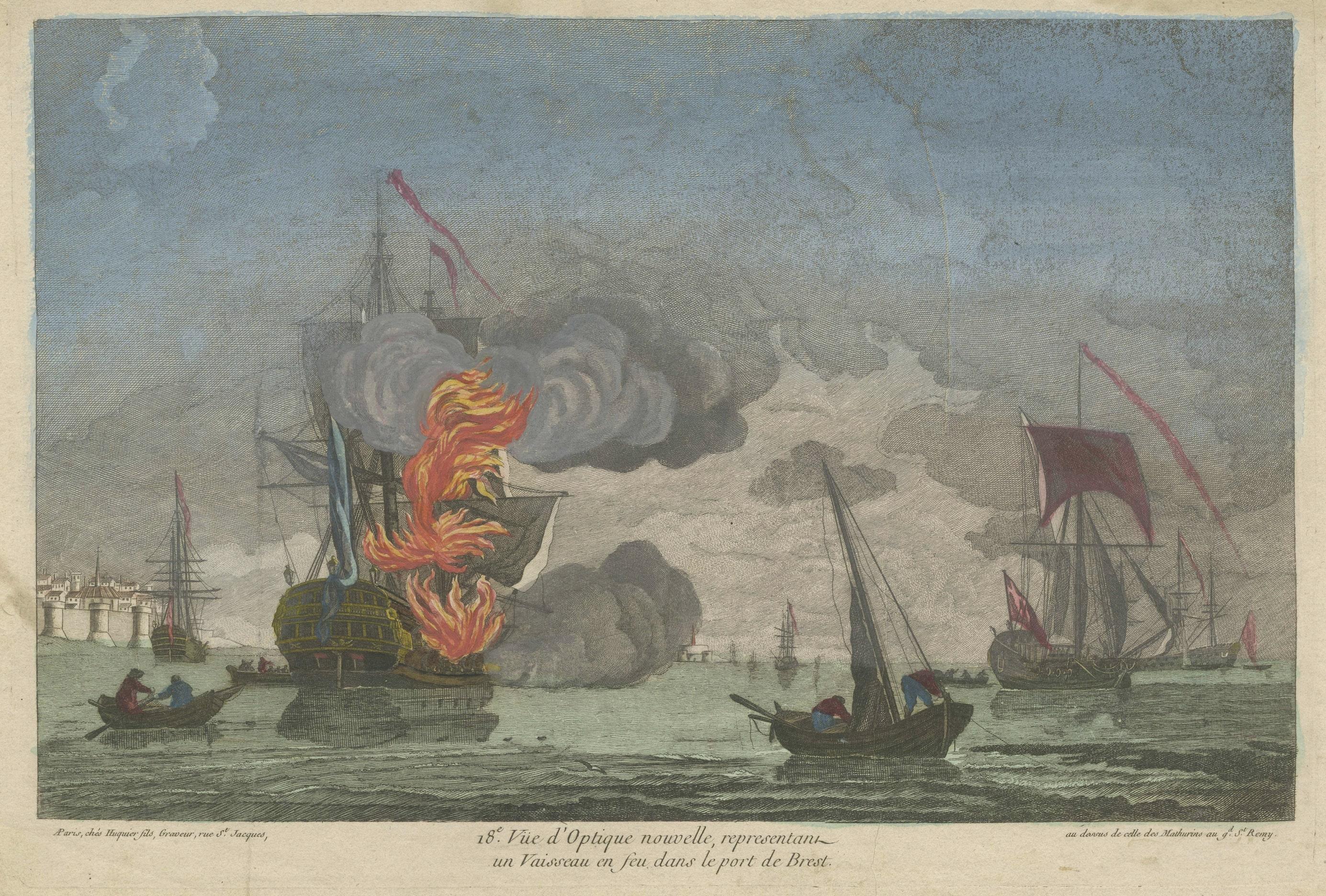 18th Century Original Antique Optica Print of a Ship on Fire in the French Harbour of Brest For Sale