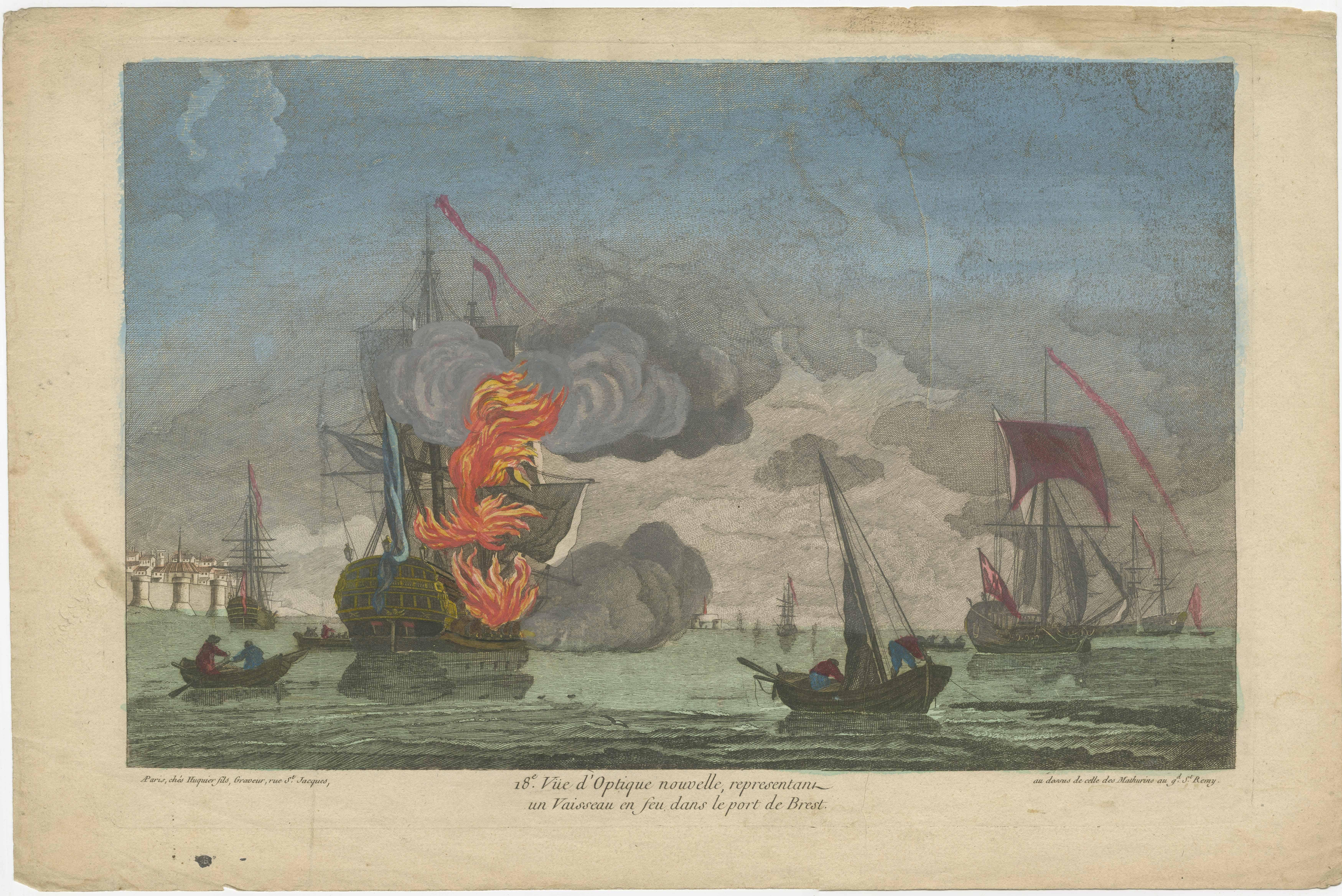 Paper Original Antique Optica Print of a Ship on Fire in the French Harbour of Brest For Sale