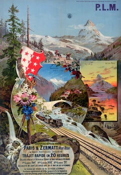 Original-Reiseplakat der Pariser-Lyoner-Mittelmeer-Eisenbahn (PLM) aus der Antike: Paris–Zermatt