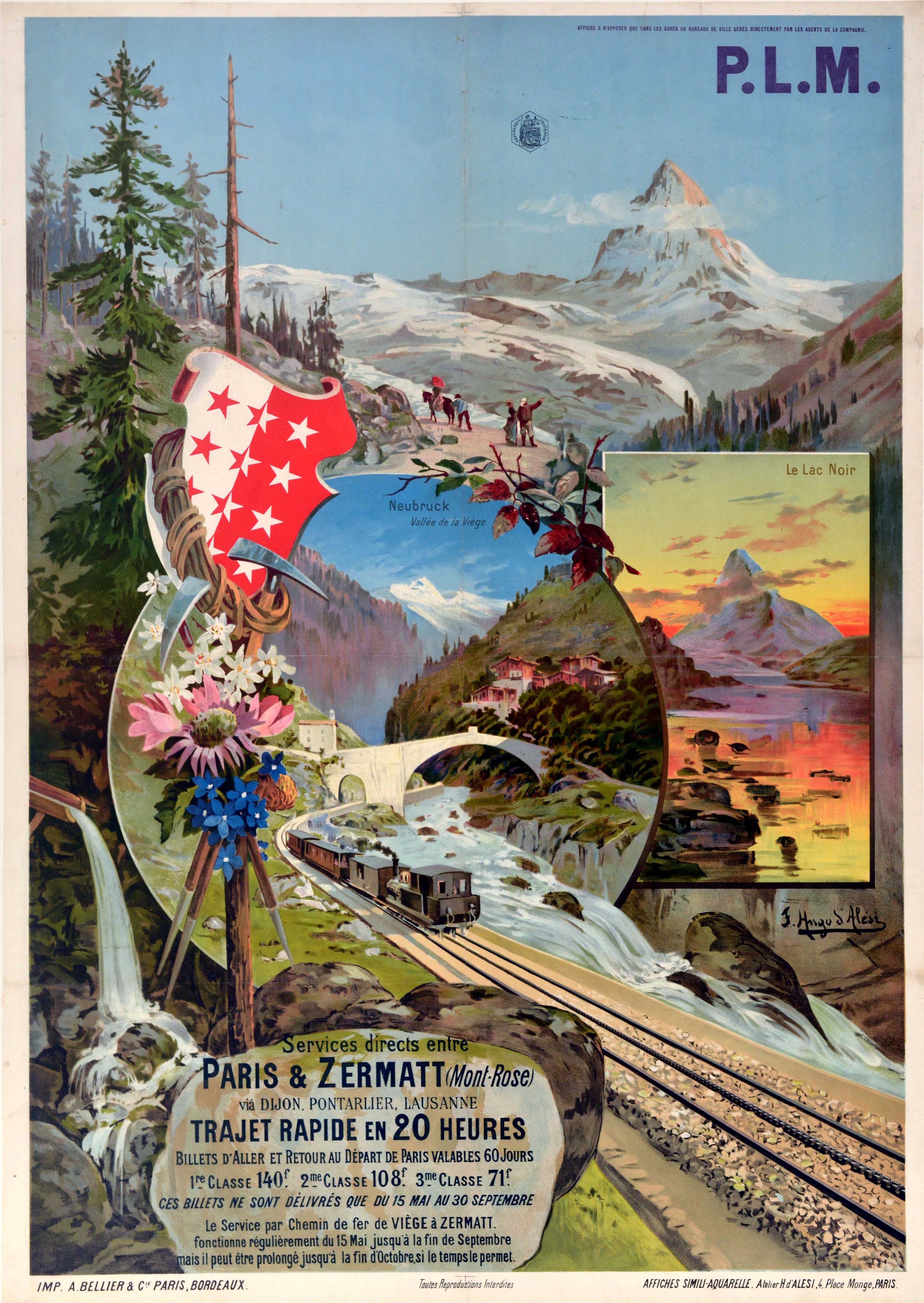 Affiche de voyage originale et ancienne du chemin de fer Paris-Lyon-Méditerranée (PLM) : Paris-Zermatt