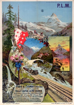 Original-Reiseplakat der Pariser-Lyoner-Mittelmeer-Eisenbahn (PLM) aus der Antike: Paris–Zermatt