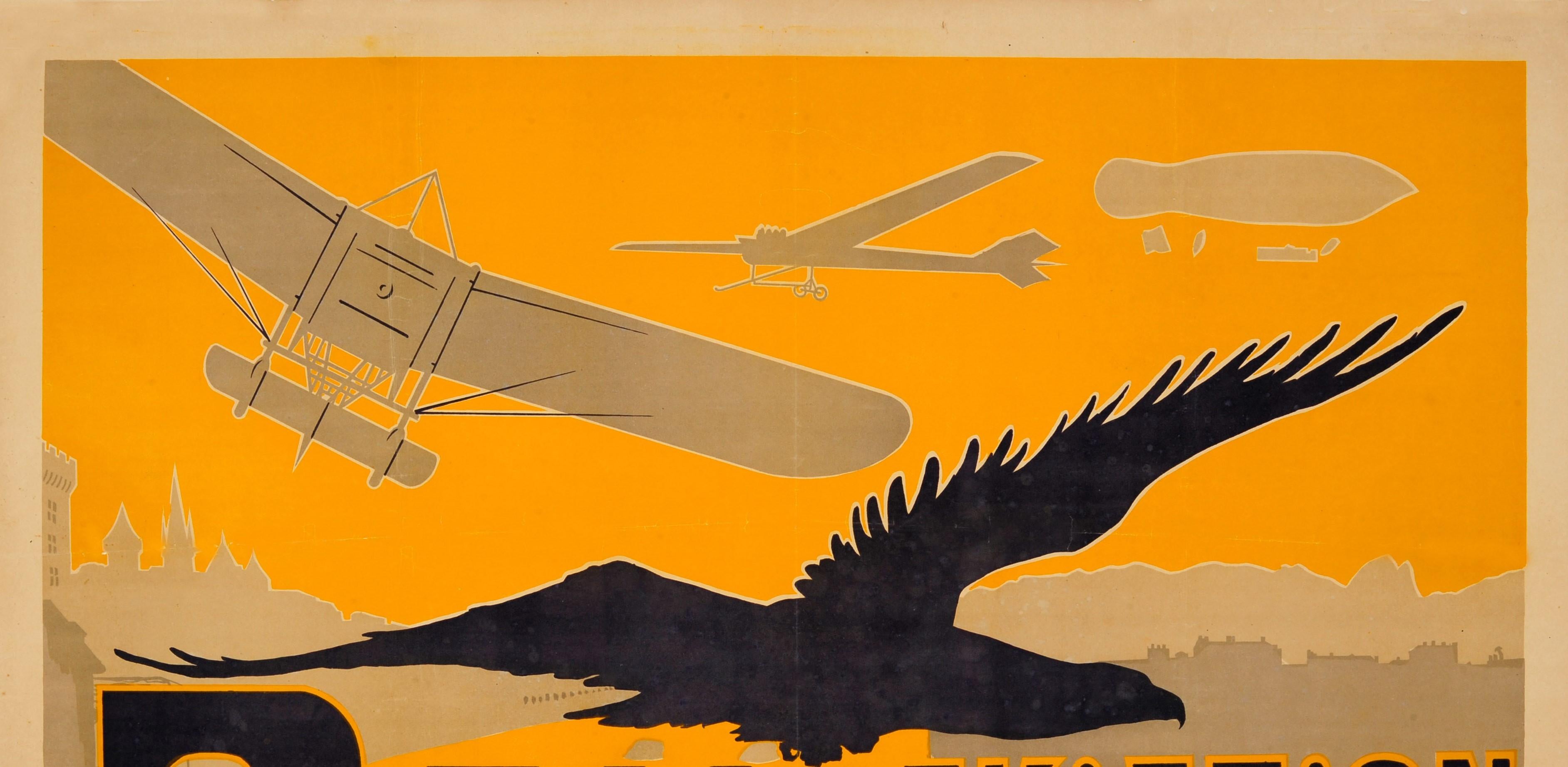 Original antique poster promoting PAU aviation featuring a dynamic Art Nouveau illustration by the French artist Ernest Gabard (1879-1957) depicting a race of planes and airships flying from Pau to Paris above the cities with a Silhouette of an