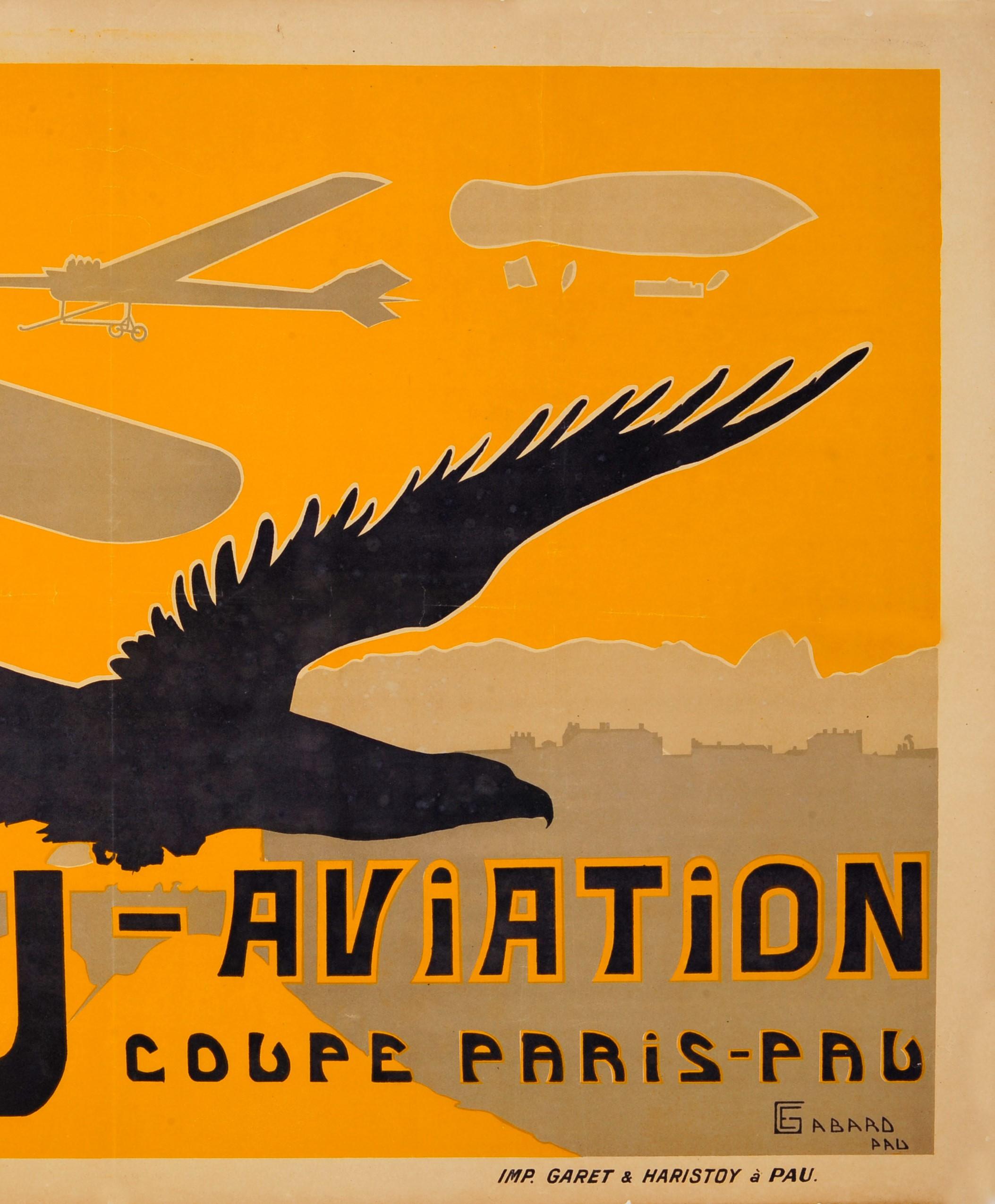 French Original Antique Pau Aviation Poster Race Coupe Paris Pau Airfield Flying School