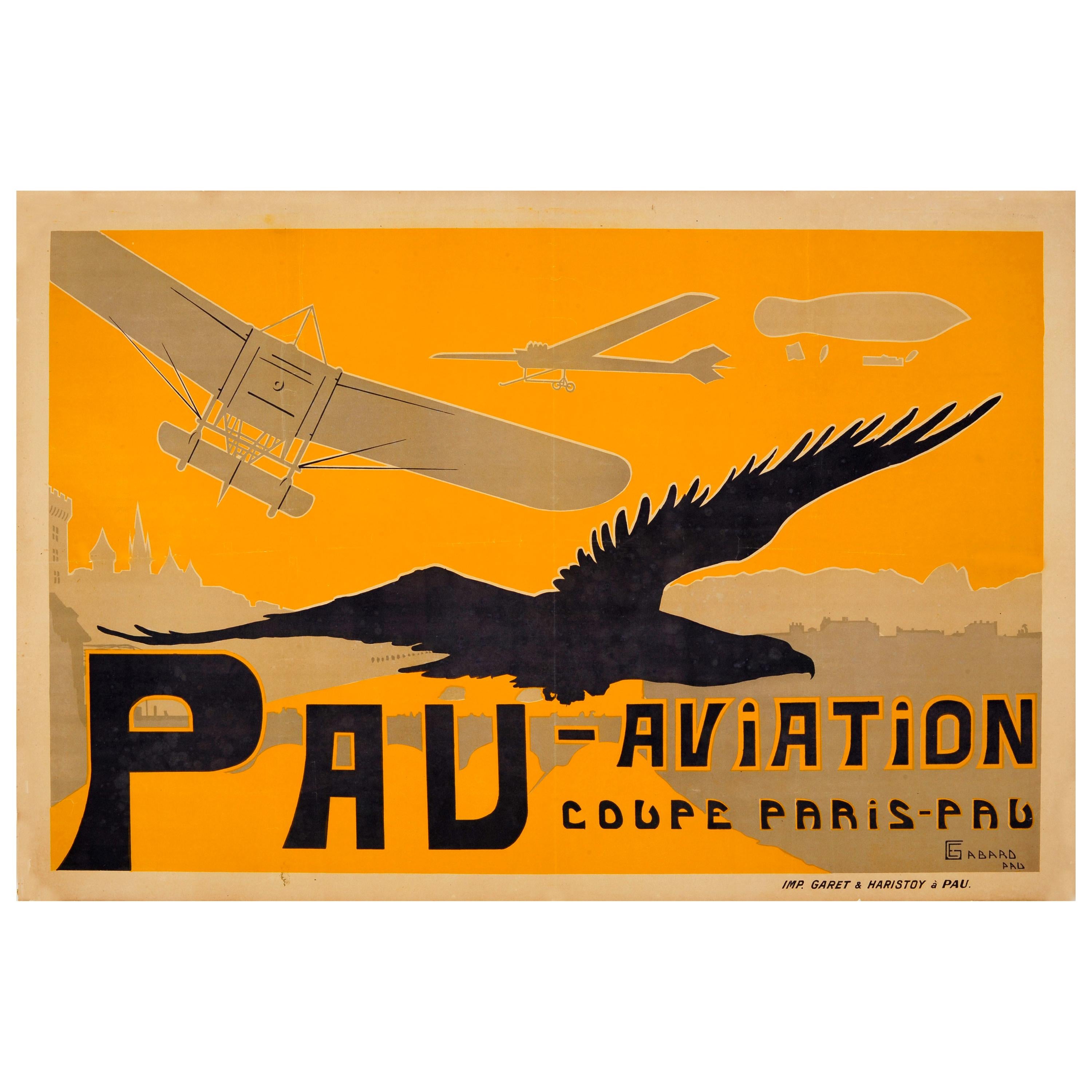 Original Antique Pau Aviation Poster Race Coupe Paris Pau Airfield Flying School