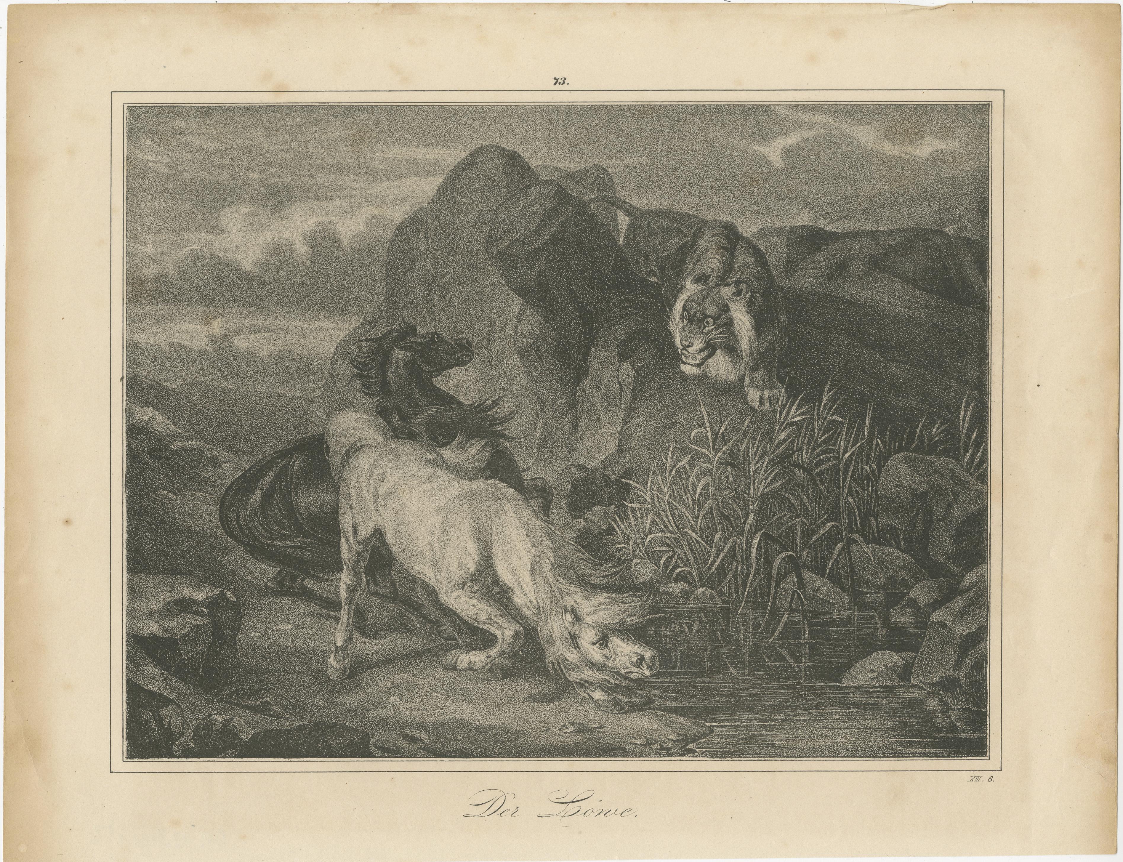 Antique print titled 'Der Löwe'. Old print of a lion sneaking up on horses. Source unknown, to be determined. Published circa 1890.