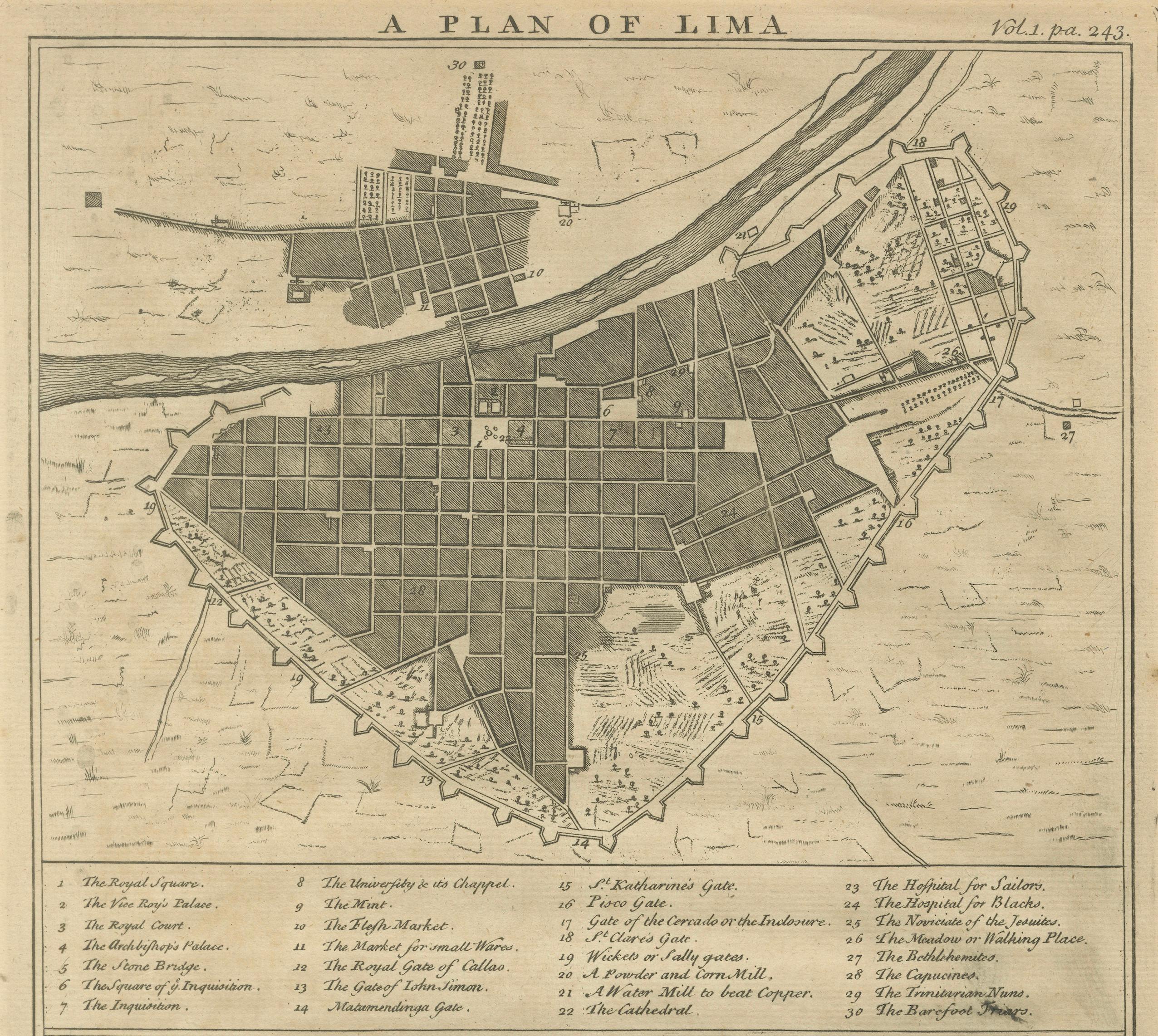 Original Antique Plan of Lima and View of Potosí by A. & J. Churchill, c.1744