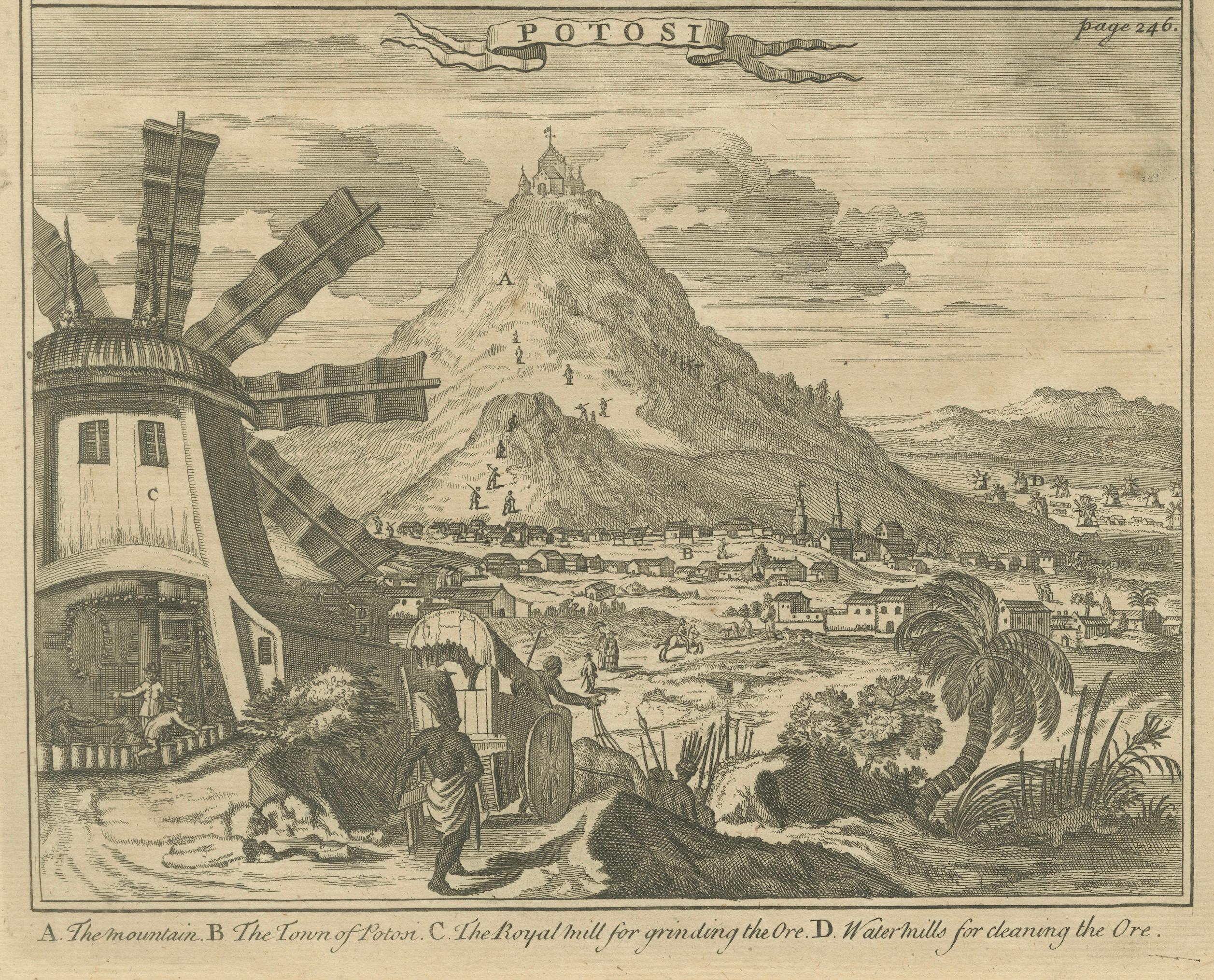 Original Antique Plan of Lima and View of Potosí by A. & J. Churchill, c.1744