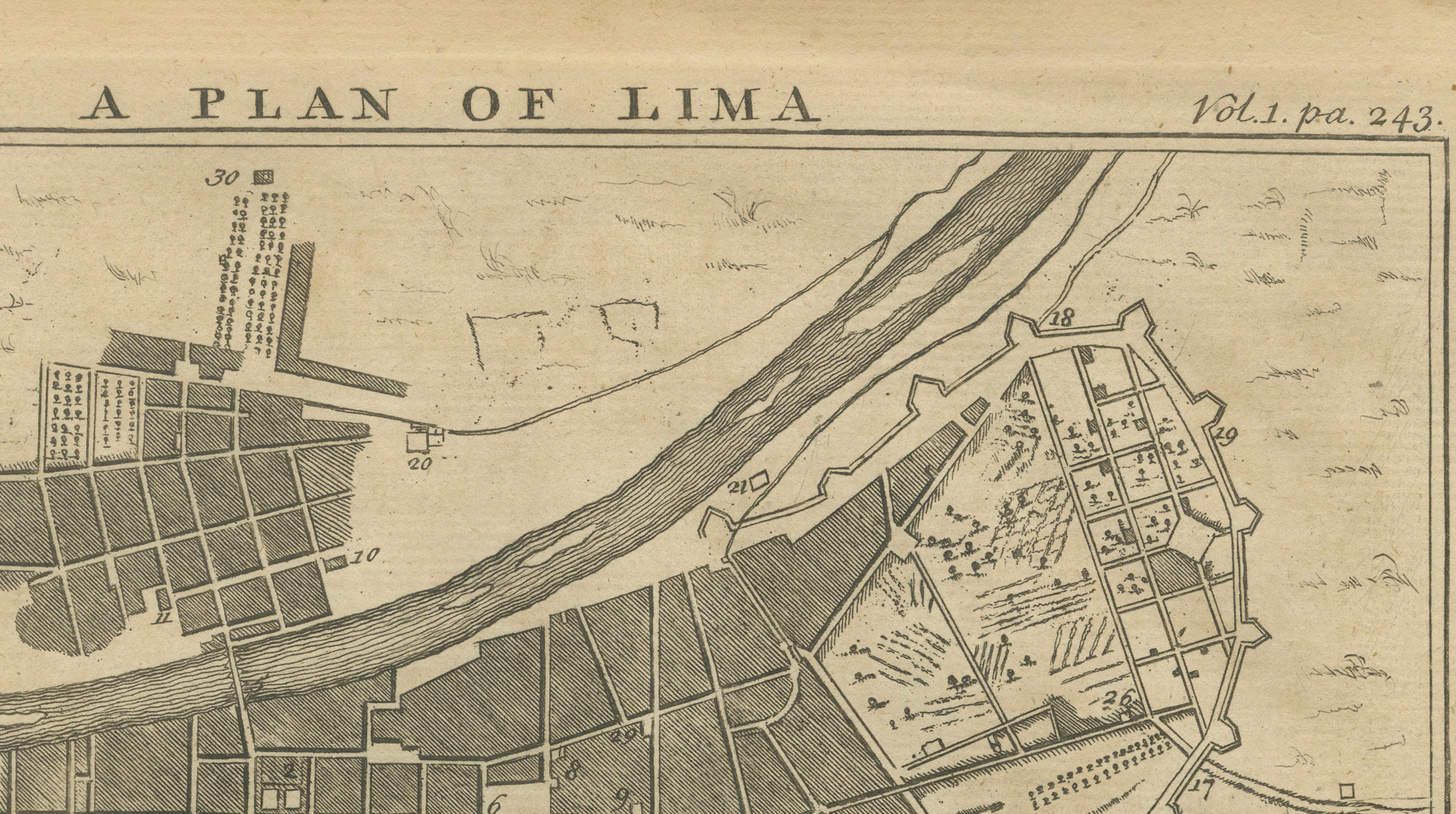 Original Antique Plan of Lima and View of Potosí by A. & J. Churchill, c.1744