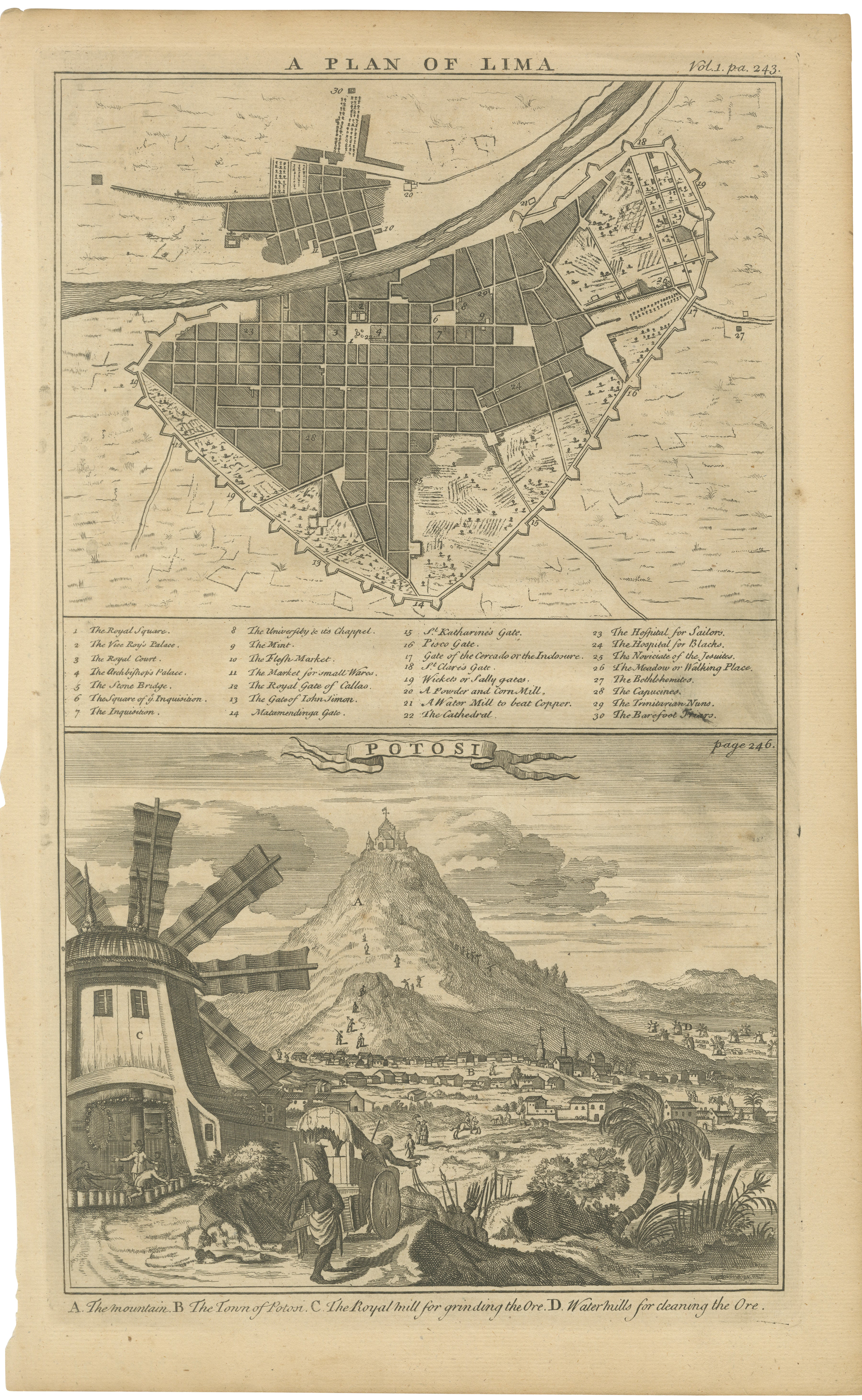 Original Antique Plan of Lima and View of Potosí by A. & J. Churchill, c.1744
